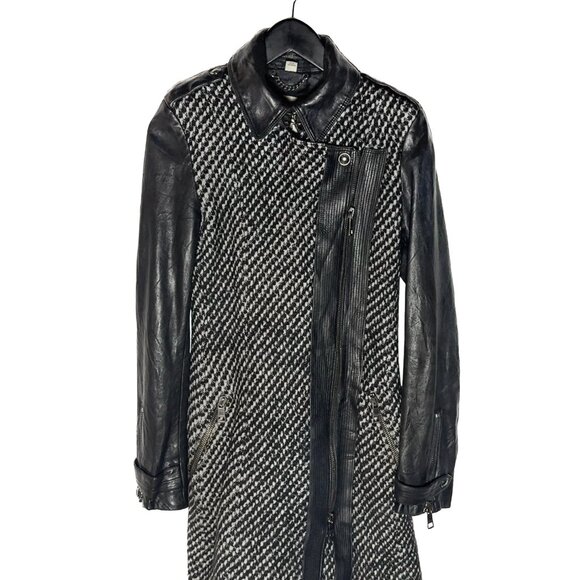 Burberry Black Leather Sleeves Wool Tweed Coat - Picture 2 of 15